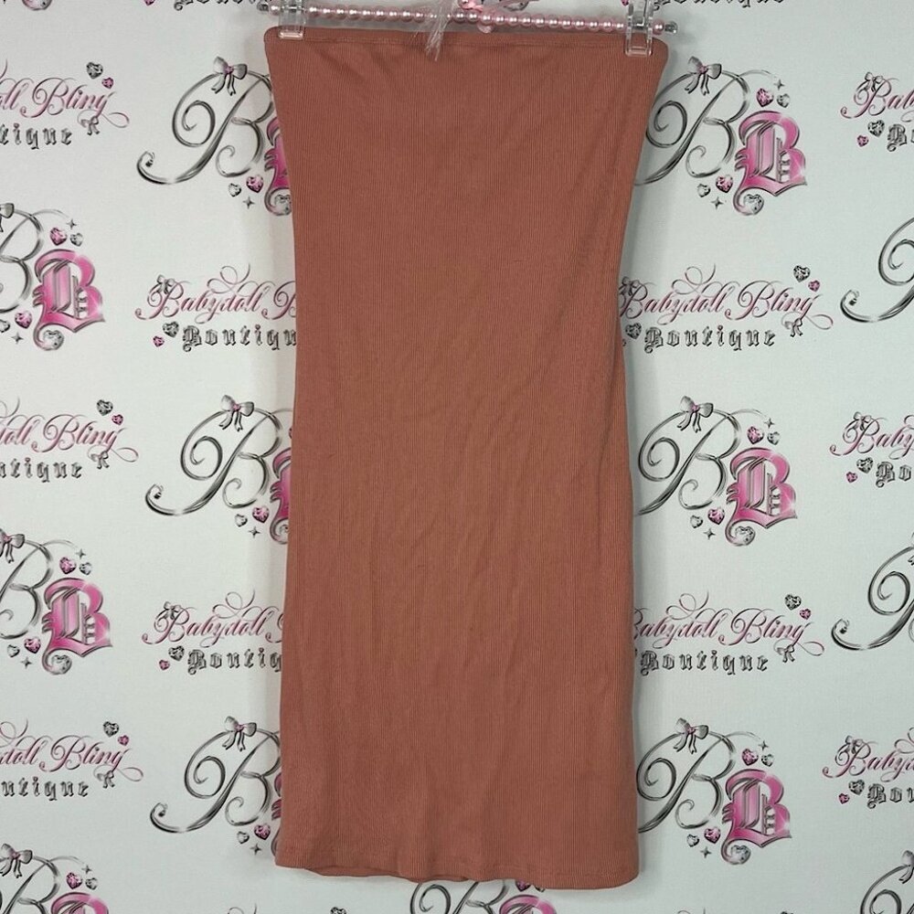Streetwear Society dress bodycon open back strapless ribbed orange peach Tan